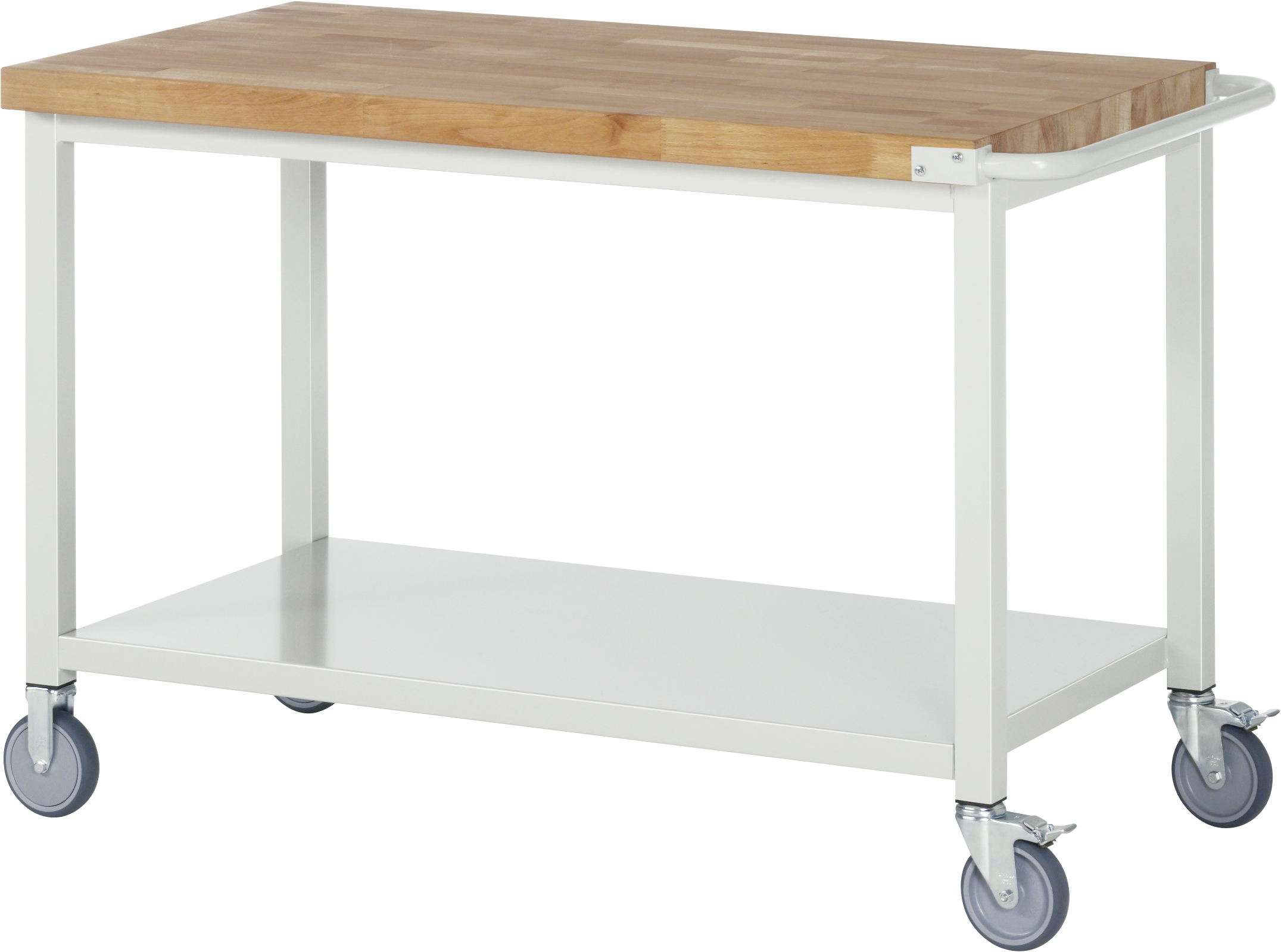 Mobile workbench - Width 1250 x depth 700 x height 880 mm with solid beech worktop, storage-shelf 